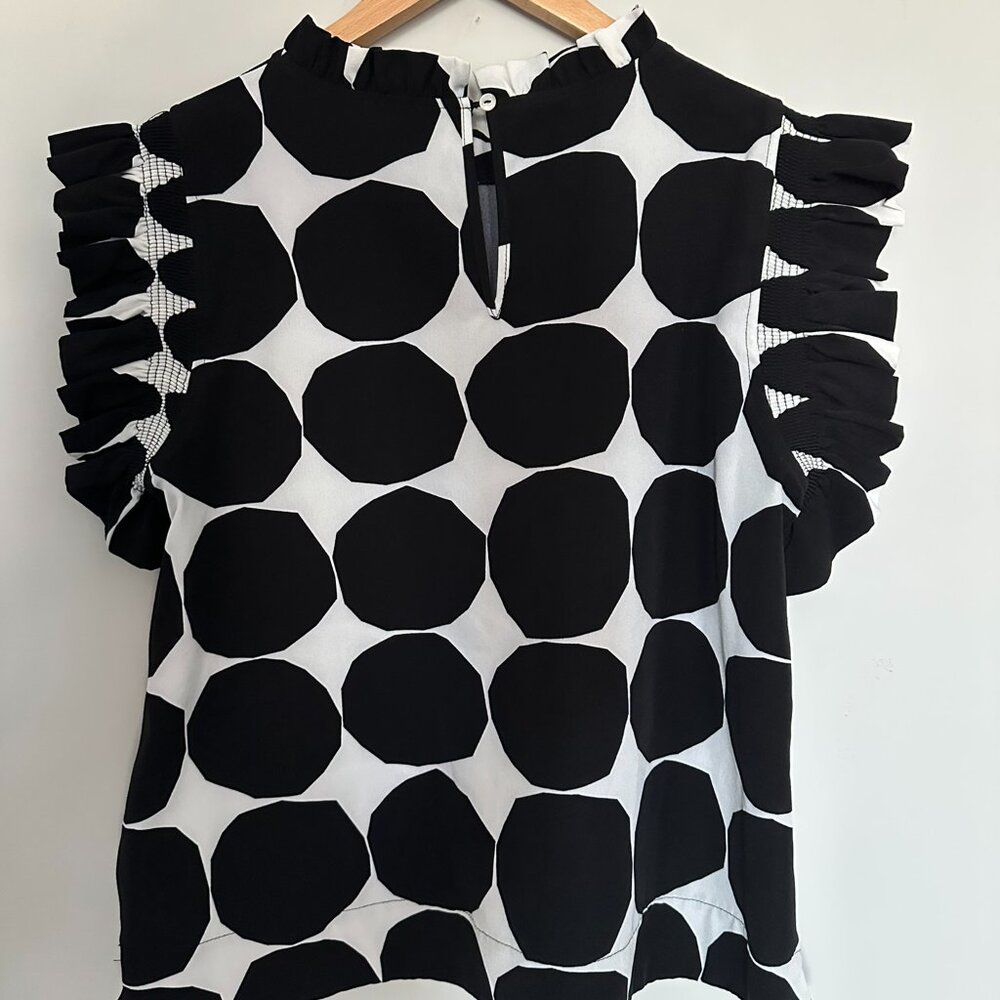 JODIFL Ruffle Sleeve Blouse Black and White Polka Dot Large Spring - Picture 2 of 7